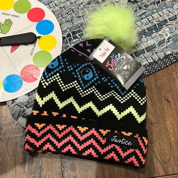 Neon Chevron Faux Fur Pom Top Beanie by Justice - Picture 1 of 8